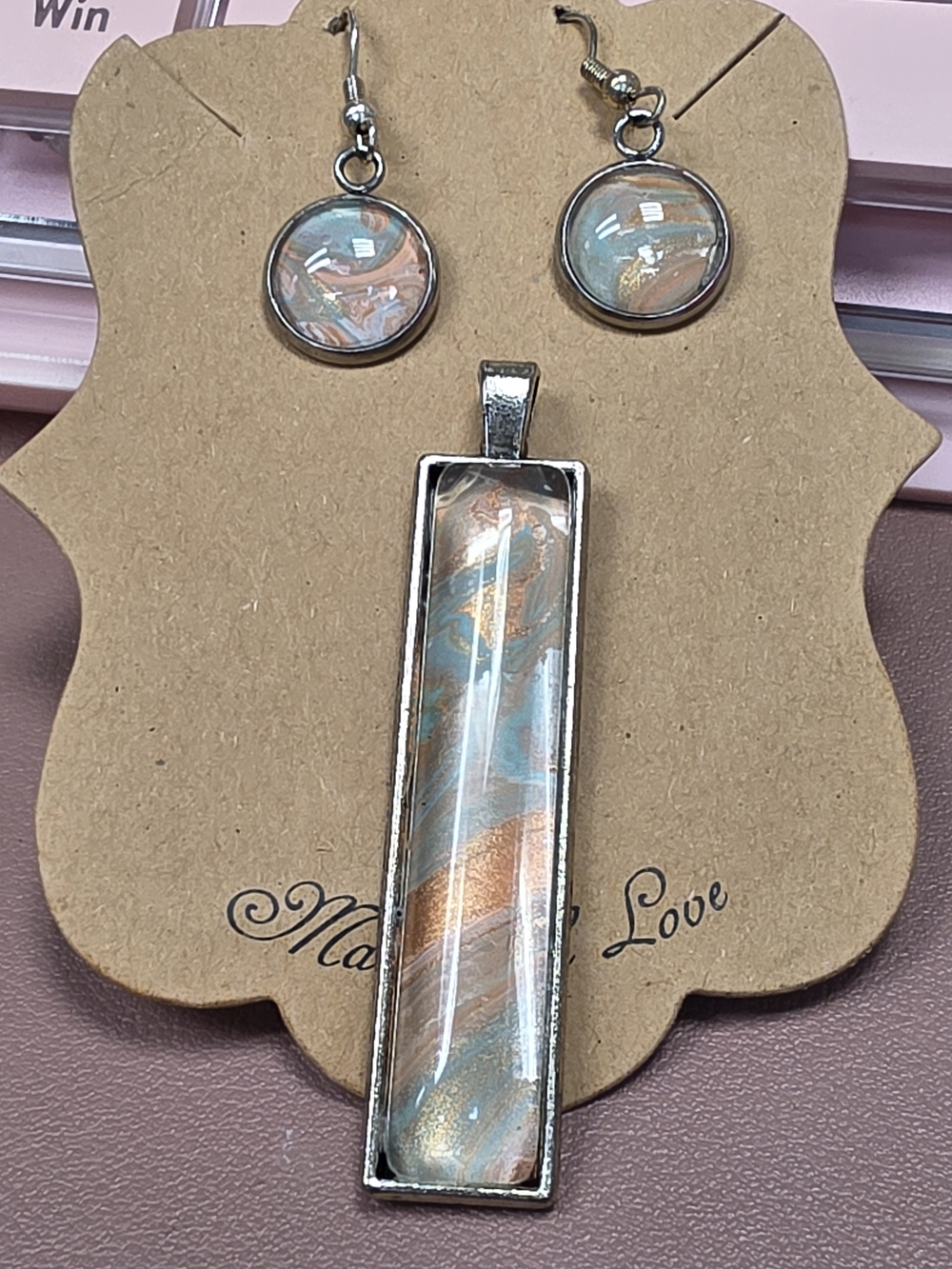 Handmade Blue & Copper Swirl Pendant Necklace and Earrings Set
